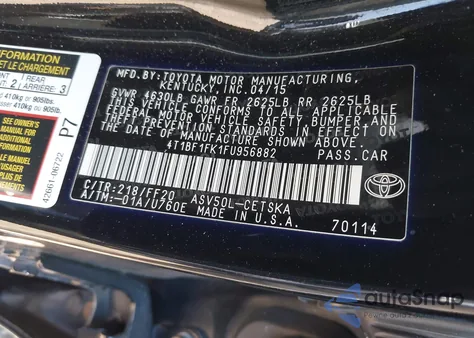 2015 Toyota Camry Se from USA, damaged, VIN 4T1BF1FK1FU956882